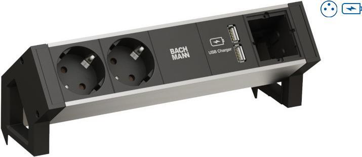 Bachmann DESK2 ALU BLACK Steckdoseneinheit mit erhöhtem Berührungsschutz 1xUTE Steckdose 88,90cm (35") schwarz 1xUSB Doppelcharger 5V/3,1A Zuleitung 0,2m H05VV-F3G1,5mm² schwarz mit GST18i3 Stecker Profil: Aluminium eloxiert (natur) Endkappen: Kunststoff schwarz mit mont (937.103)