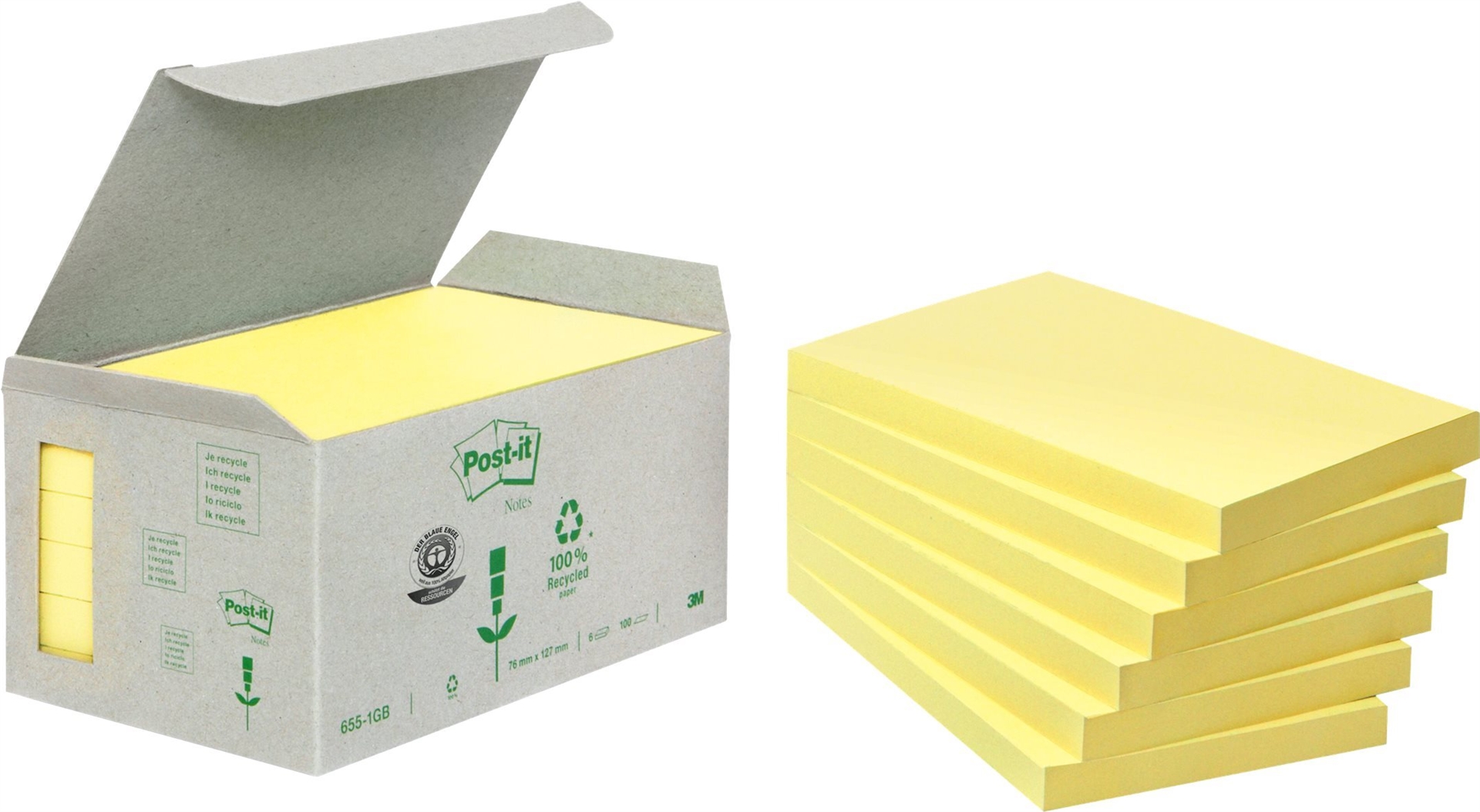 Post-it Recycling Notes 654 Haftnotizen gelb, 6 Blöcke (655-1B)