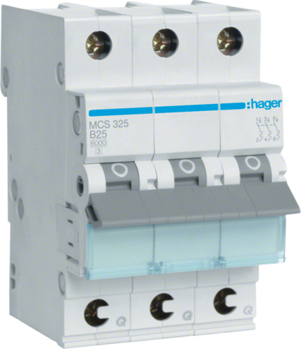 Hager MCS325. Nennstrom: 25 A, AC Eingangsfrequenz: 50/60 Hz. Typ: C-type, Module Menge (max): 3 Modul(e). Breite: 52,5 mm, Tiefe: 70 mm, Höhe: 83,4 mm (MCS325)