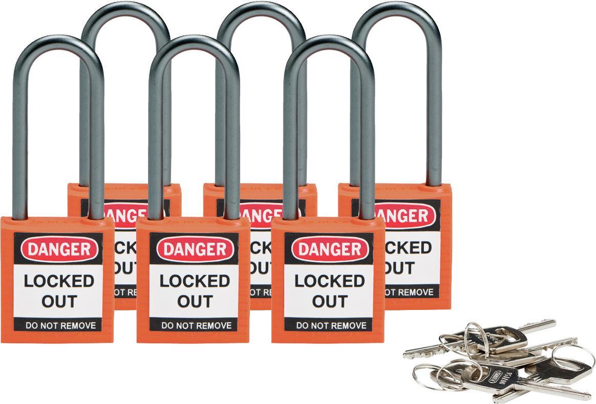 Brady, kompaktes Sicherheitsschloss Nylon, Orange, 50mm Bügelhöhe, 4,7mm Aluminium-Schließbügel (Keyed Different) (6er Pack) (814139)