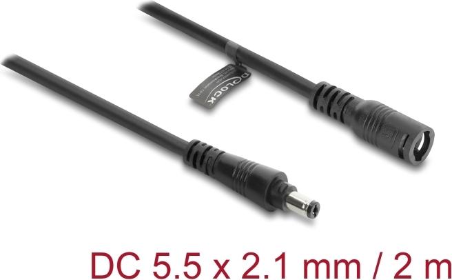 Delock DC Verlängerungskabel 5,5 x 2,1 mm Stecker zu Buchse mit Bajonettverschluss 18 AWG, 2 m schwarz (67390)