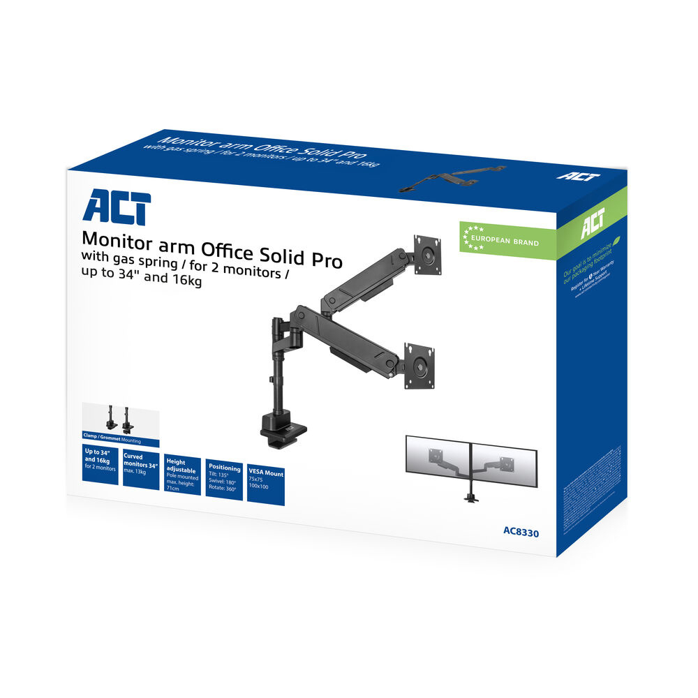 ACT office solid pro Monitorarm AC8330 für 2 Bildschirme bis 34" Gasfeder Schwarz
