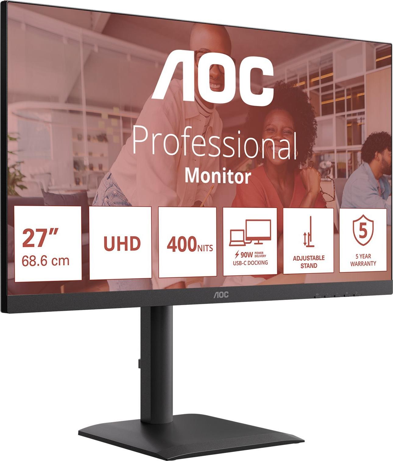 AOC E4 Series LED-Monitor 68,6 cm (27") - 3840 x 2160 4K UHD 2160p @ 60 Hz - IPS 400 cd/m² - 1200:1 - 4 ms - 2xHDMI DisplayPort USB-C Lautsprecher Schwarz (U27E4CV)