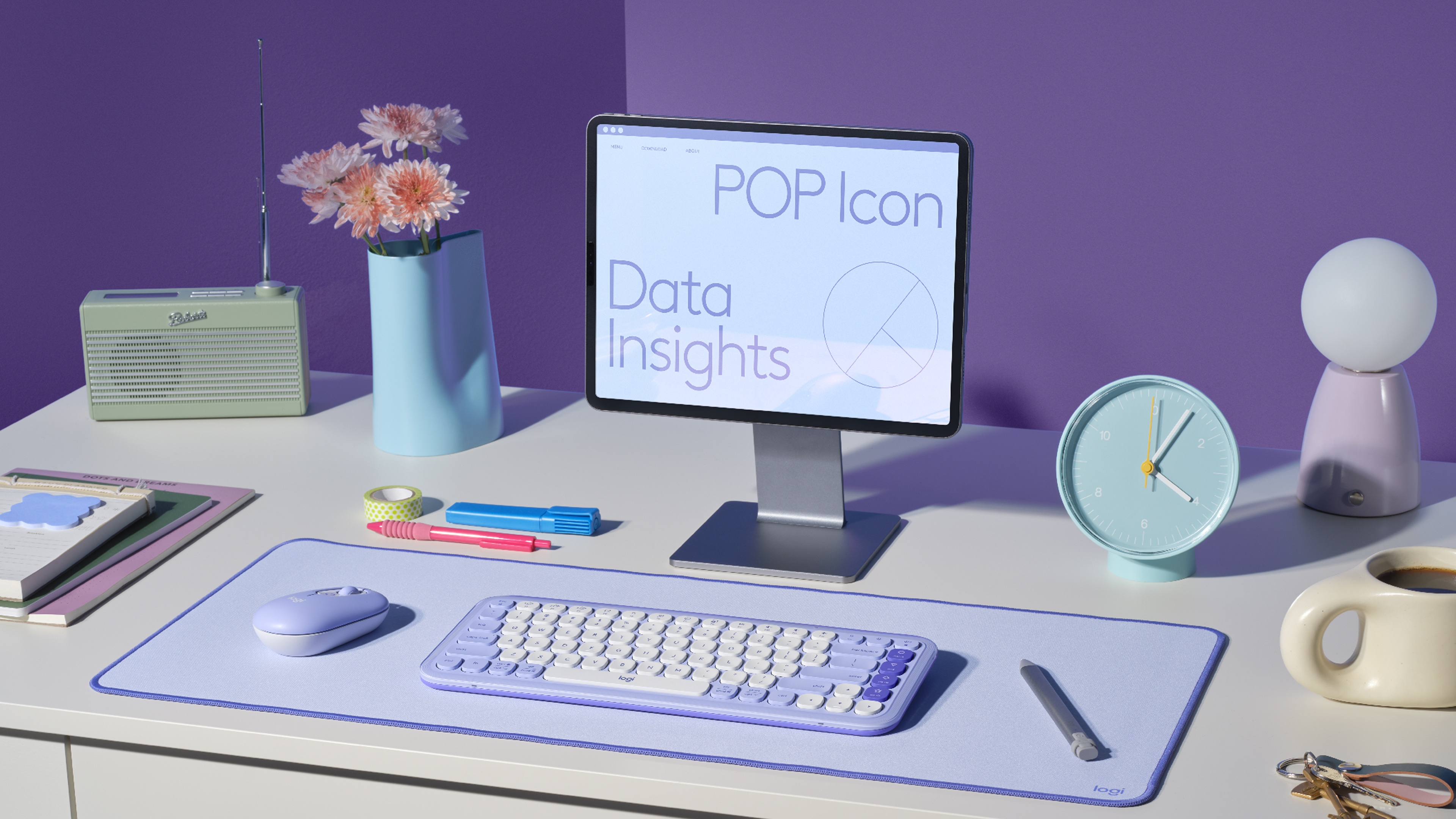 Logitech POP Icon Combo Kabelloses Tastatur-und-Maus-Set Bluetooth LE QWERTY US International Fliederfarben, Off-White