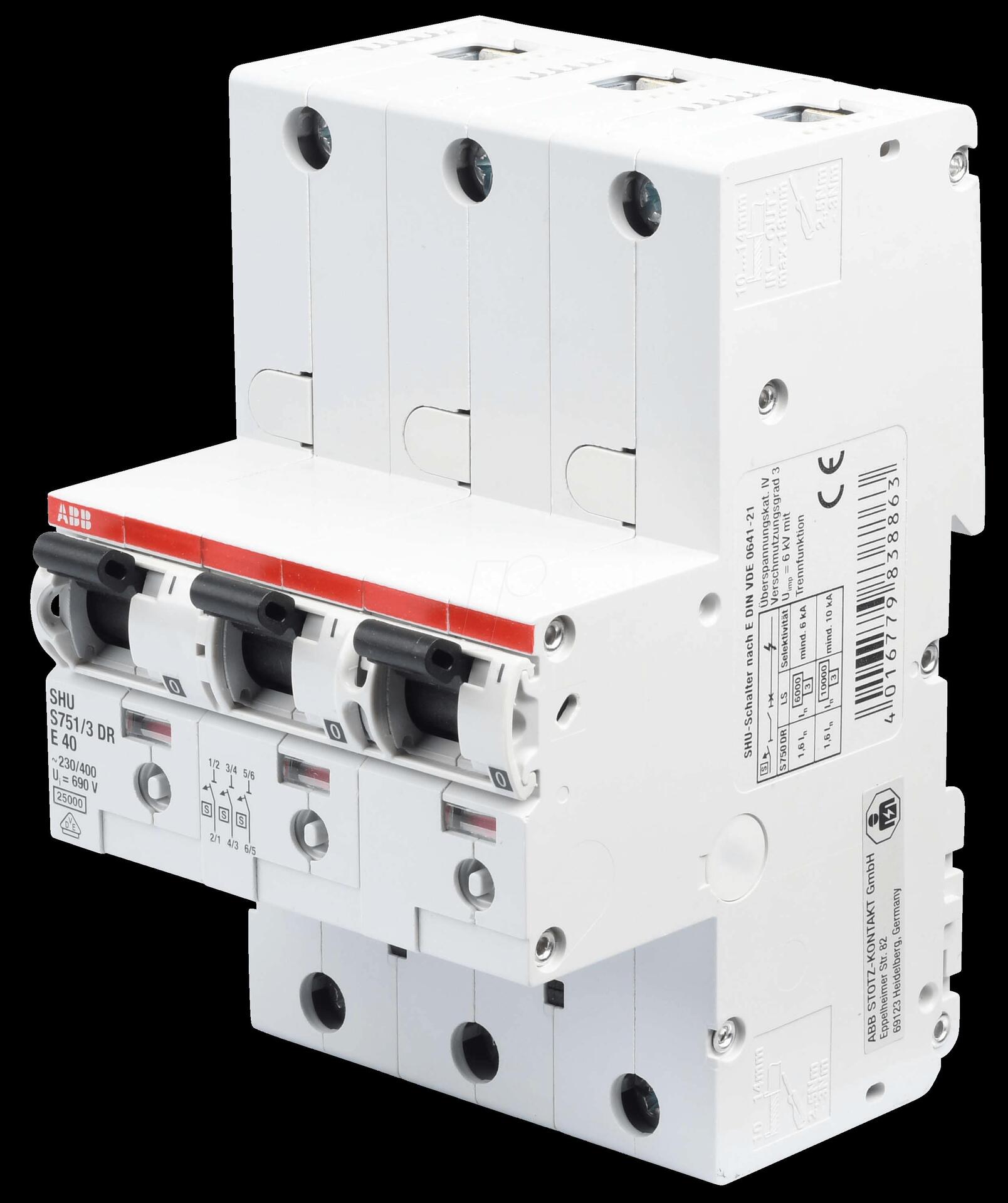 ABB S751/3DR-E40 - Hauptsicherungsautomat, selektiv, 40 A, 3 x 1 polig (S751/3DR-E40)