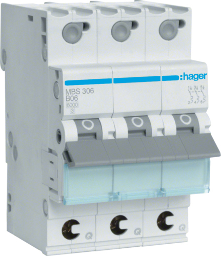 Hager MBS306. Nennstrom: 6 A. Typ: B-type, Module Menge (max): 3 Modul(e) (MBS306)