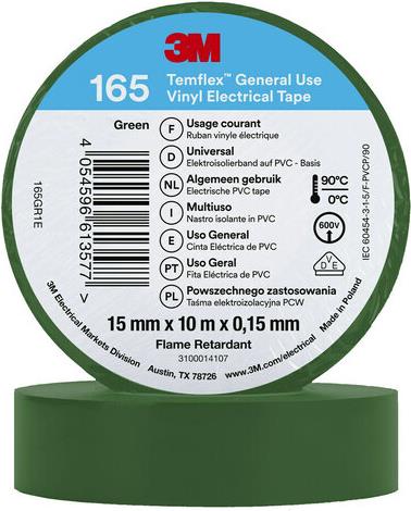 3M 7100184726. Menge pro Packung: 1 Stück(e), Farbe Isolierband: Grün, Klebebandmaterial: PVC. Länge (m): 10 m, Breite: 15 mm, Dicke: 0,15 mm (165GR1E)
