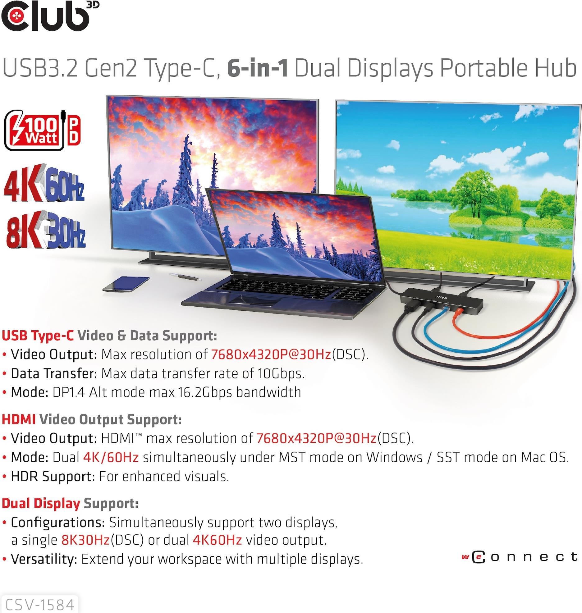 Club 3D CSV-1584 Tragbare USB-C Dockingstation Dual 4K@60Hz 100W Schwarz