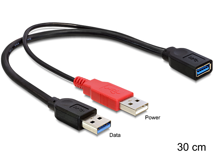 Delock USB 3.0 Y-Kabel 2x USB-A Stecker zu USB-A Buchse 30 cm Schwarz/Rot