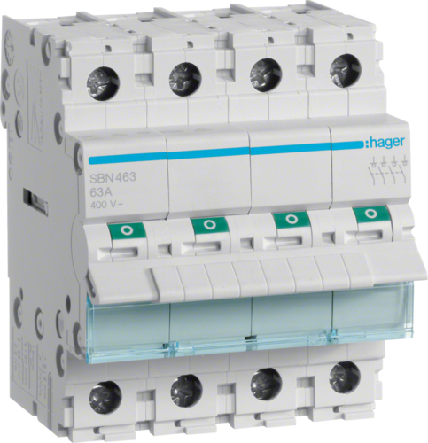 Hager SBN463. Nennstrom: 63 A, Spulenspannung (max): 440 V. Module Menge (max): 4 Modul(e), Internationale Schutzart (IP-Code): IP20. Tiefe: 70 mm, Höhe: 83 mm (SBN463)