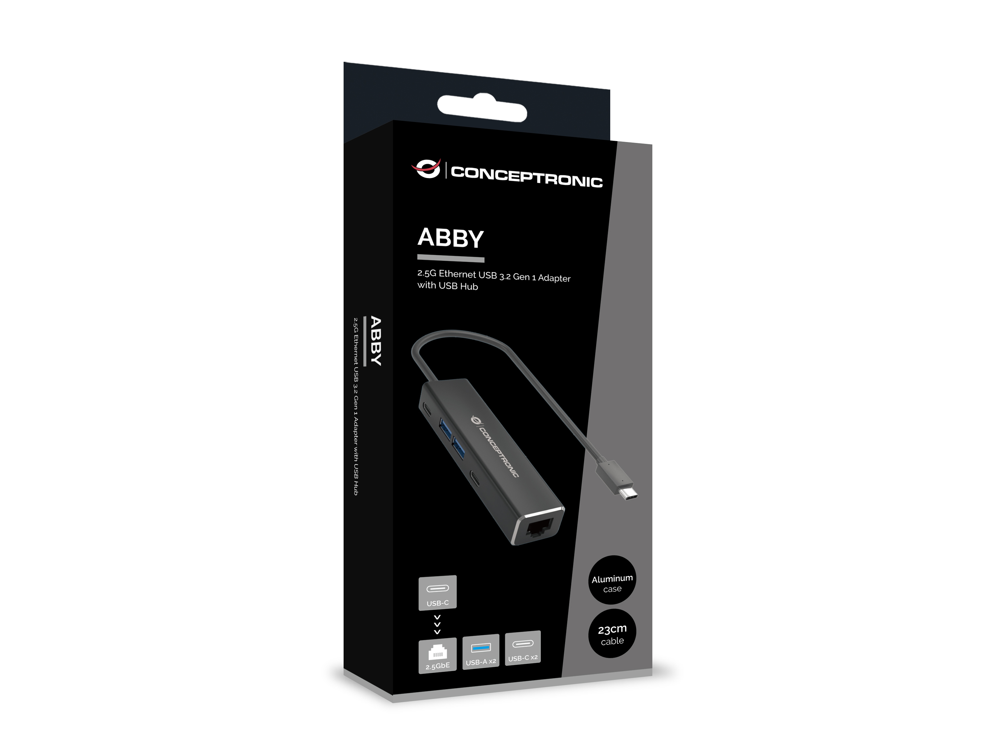 Conceptronic ABBY14B 2.5G Ethernet USB 3.2 Gen 1 Adapter mit USB-Hub Aluminium Grau