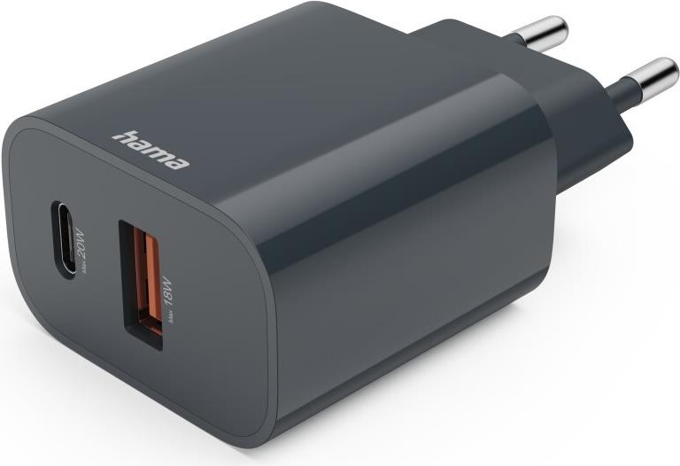 Hama Schnellladegerät, 1x USB-C, 1x USB-A, PD, 20 W, Anthrazit (00086441)