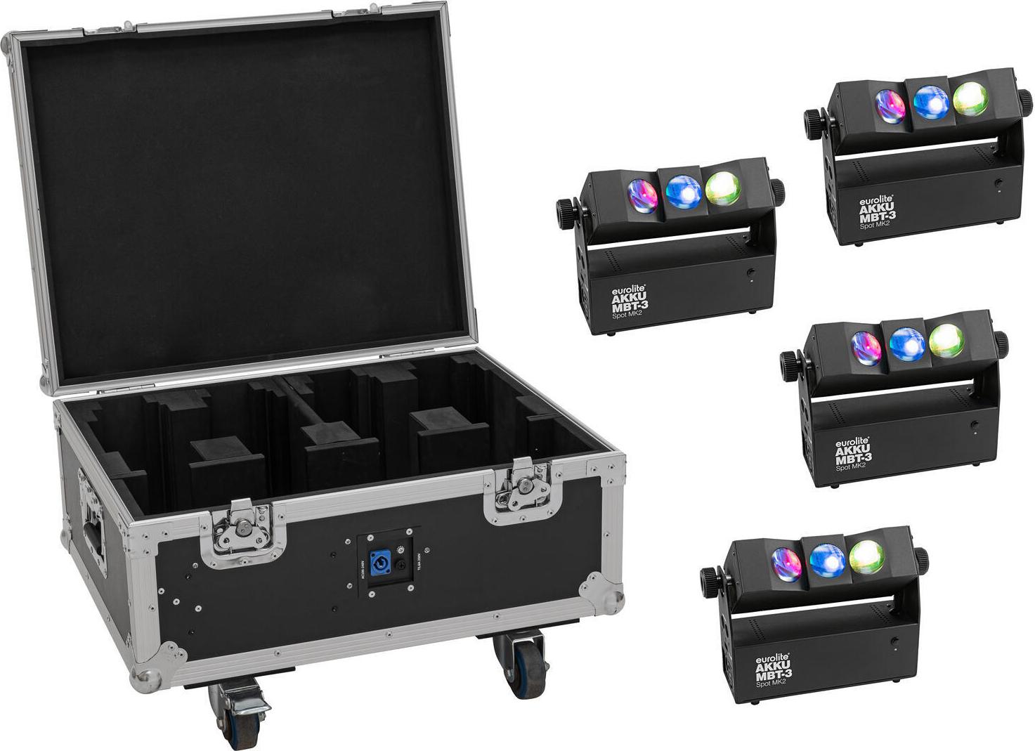 EUROLITE Set 4x AKKU MBT-3 Spot MK2 LED Uplight + Flightcase Rollen Ladebox