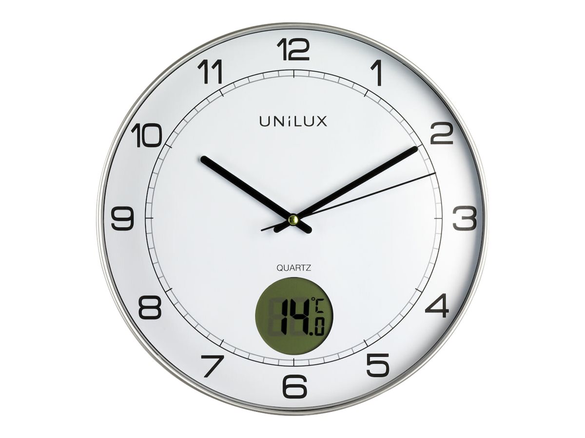 UNILUX TEMPUS Wanduhr Quarz 30,5 cm Analog mit LCD Temperaturanzeige Metallisch Grau
