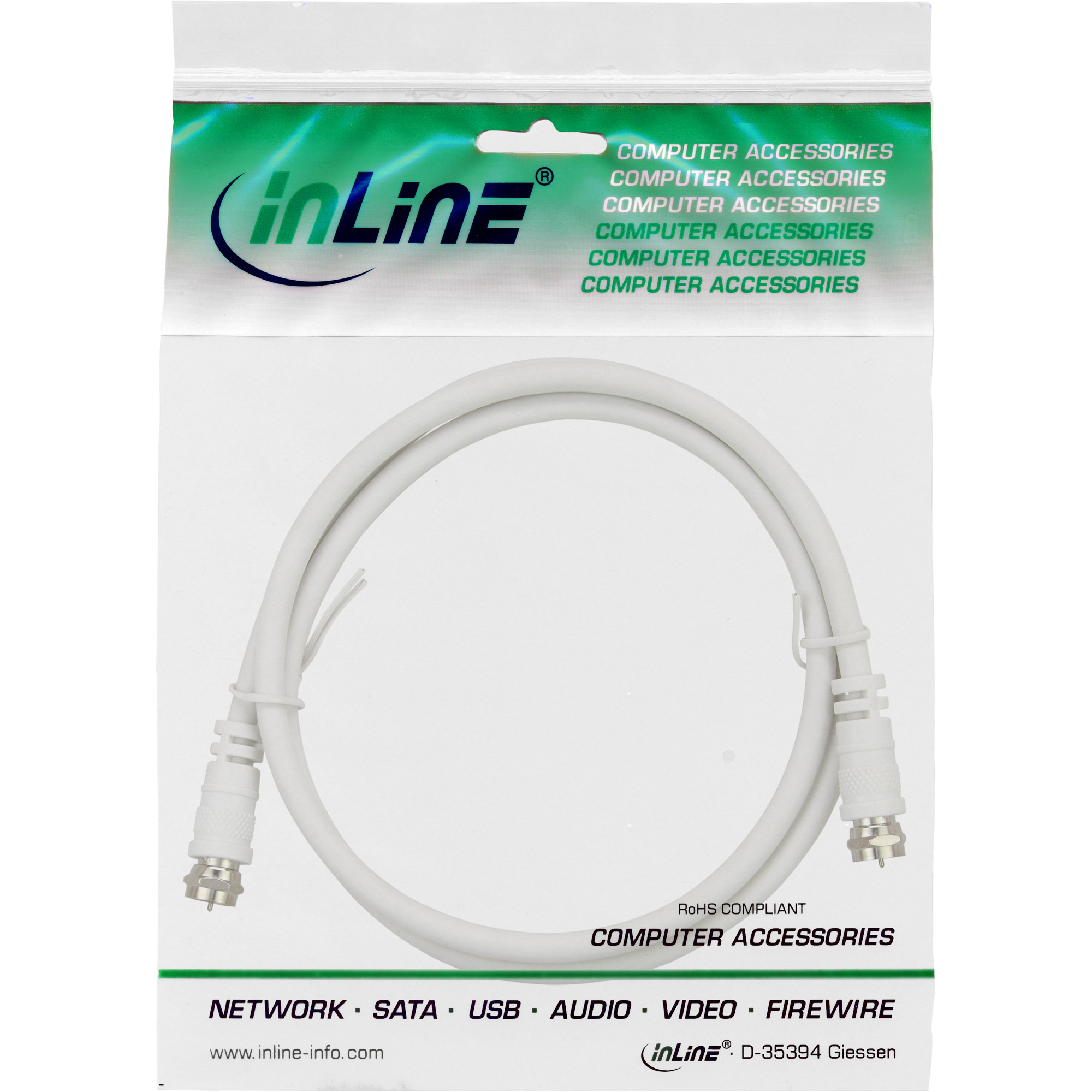 InLine SAT-Anschlusskabel, 2x geschirmt, 2x F-Stecker, >75 dB, 3 m, Weiß