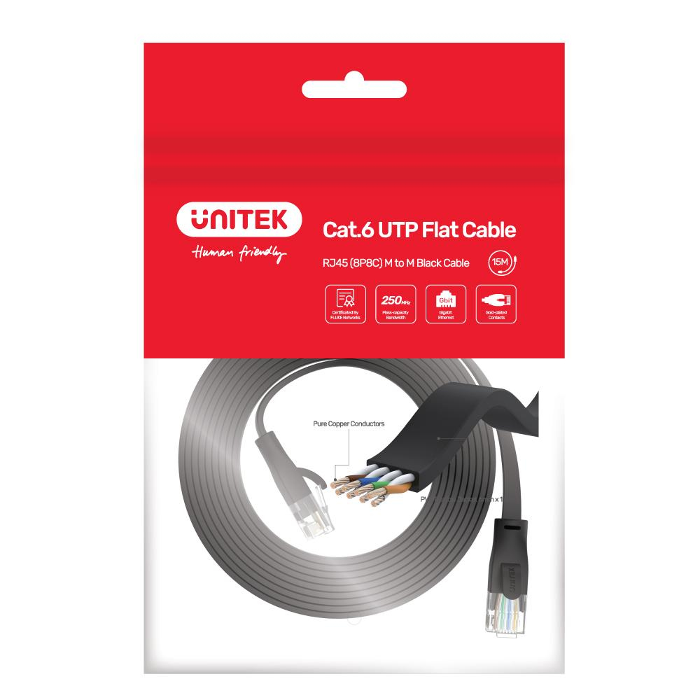 Unitek International C1814GBK Cat.6 Flach-Patchkabel UTP RJ45 15 m Schwarz