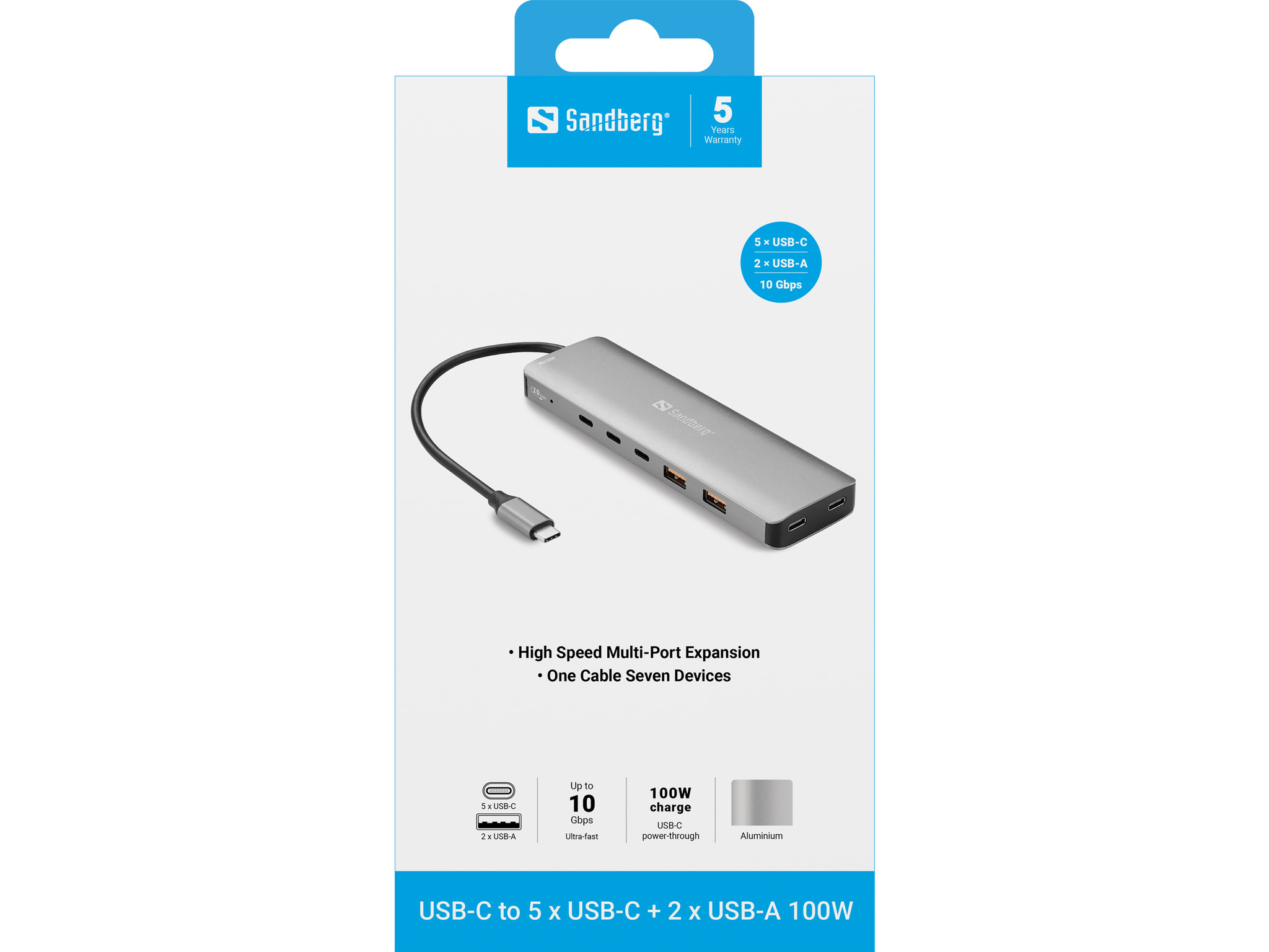 Sandberg USB-C Hub 100W 5x USB-C 3.2 Gen 2 + 2x USB-A Grau