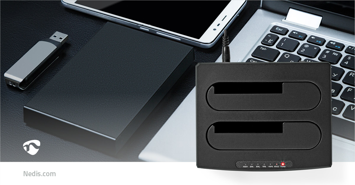 Nedis HDDUDB3210BK Dockingstation 2 Festplatten USB 3.2 Gen 1 Schwarz