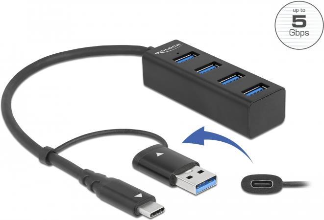 Delock - Hub - 4 x USB 3,2 Gen 1 + 1 x USB-C 3,2 Gen 1 - Desktop (63828)