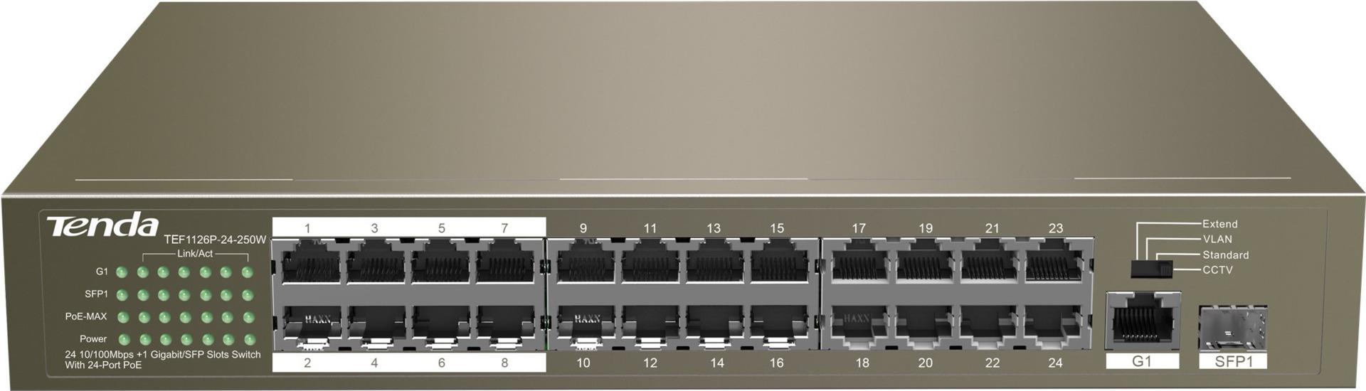 Tenda TEF1126P-24-250W Netzwerk-Switch Unmanaged Fast Ethernet (10/100) Grau Power over Ethernet (PoE) (TEF1126P-24-250W)