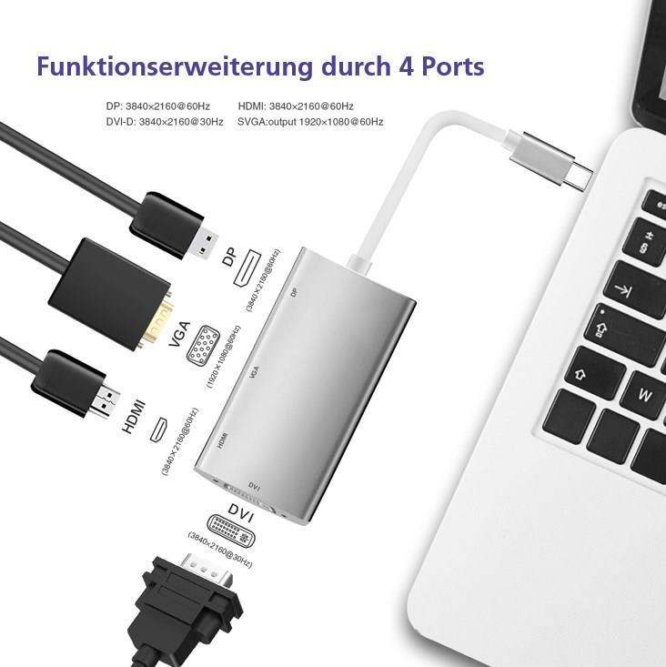 Helos Dockingstation, USB 3.1 Type-C™ St./DP/HDMI/DVI/VGA Bu, PREMIUM 4K, silber USB Type-C™ Dockingstation , PREMIUM , TPE Außenmantel - hochflexibel , Aluminium-Gehäuse , CE-zertifiziert , ULTRA HD 4K , vergoldete Kontakte , ROHS 2.0 und REACH-konform , Farbe: silber (288388)