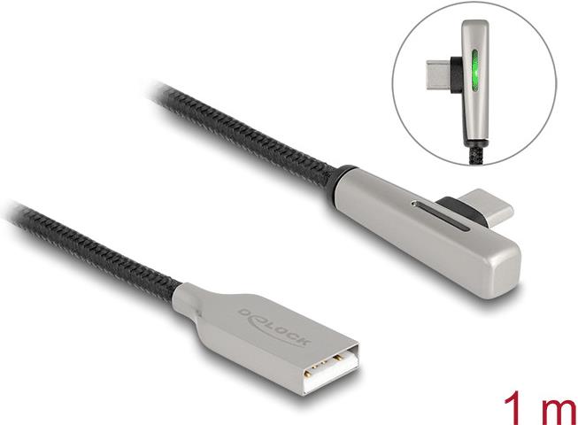 Delock USB 2.0 Kabel Typ-A Stecker zu USB Type-C™ Stecker gewinkelt mit LED und Schnellladefunktion 60 W 1 m (80766)
