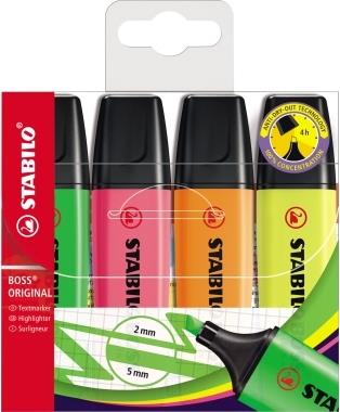 STABILO BOSS ORIGINAL Textmarker, 4er Set, Keilspitze 2-5 mm, Mehrfarbig
