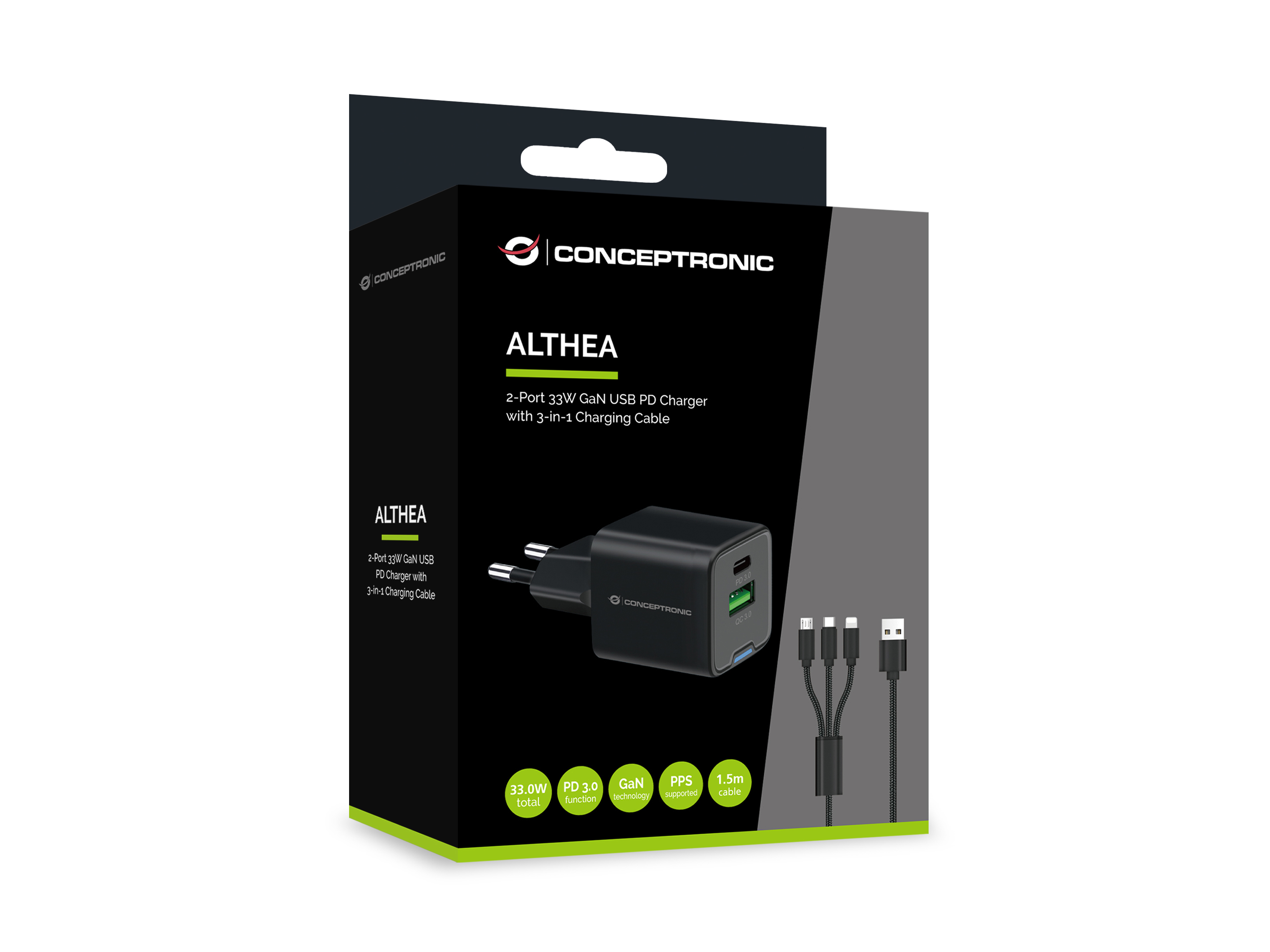 Conceptronic ALTHEA16B 33W Ladegerät 1x USB-C 1x USB-A Schwarz