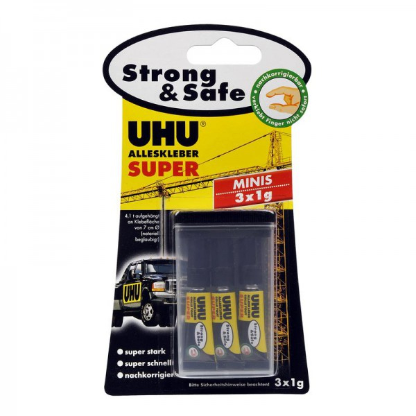 UHU Sekundenkleber SUPER Strong & SAFE MINIS, 3 Tuben à 1 g, Gel, nachkorrigierbar