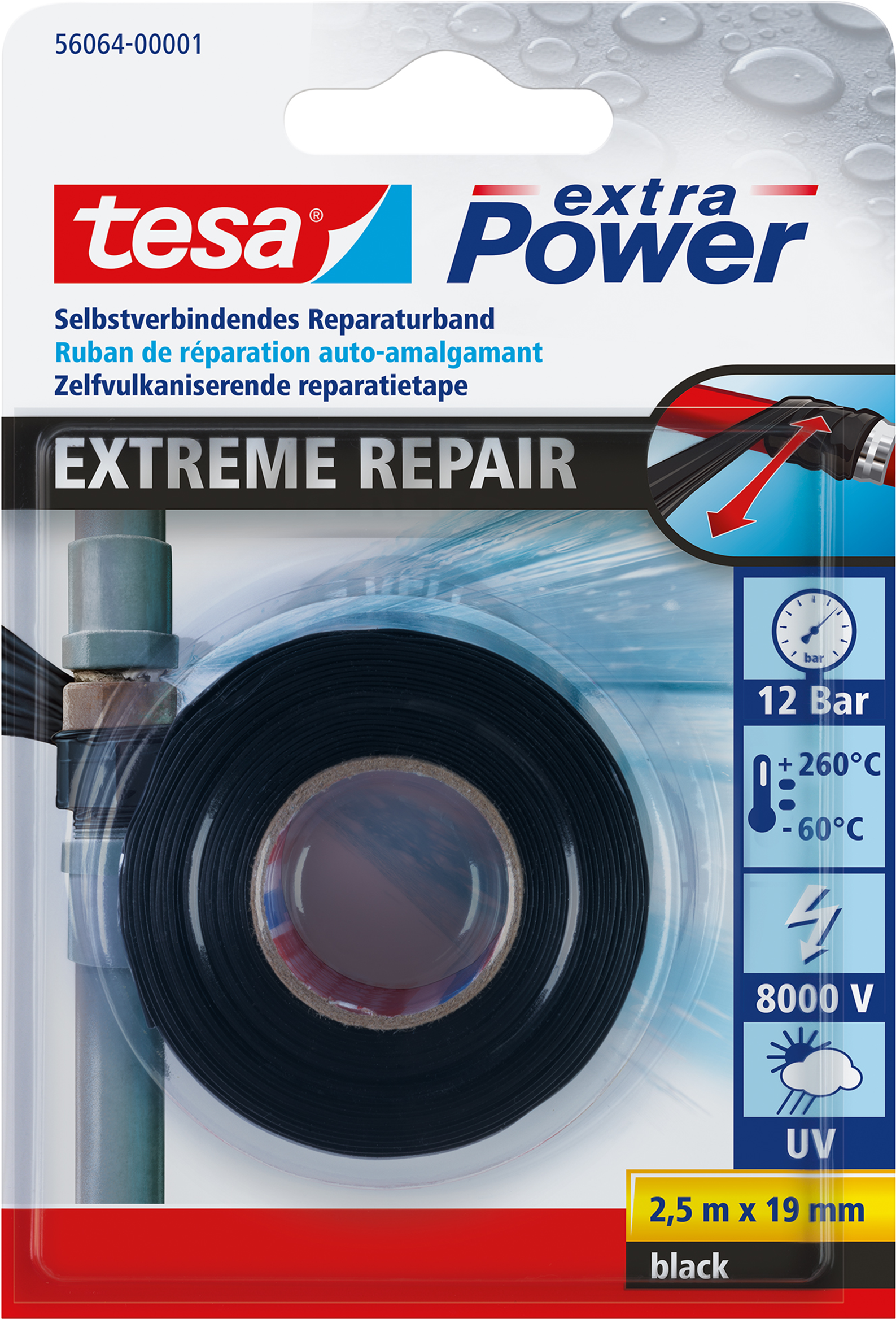 tesa Reparaturband "Extreme Repair Tape", 19 mm x 2,5 m selbstverschweißendes Silikonband, klebt ohne Klebmasse, - 1 Stück (56064-00001-00)