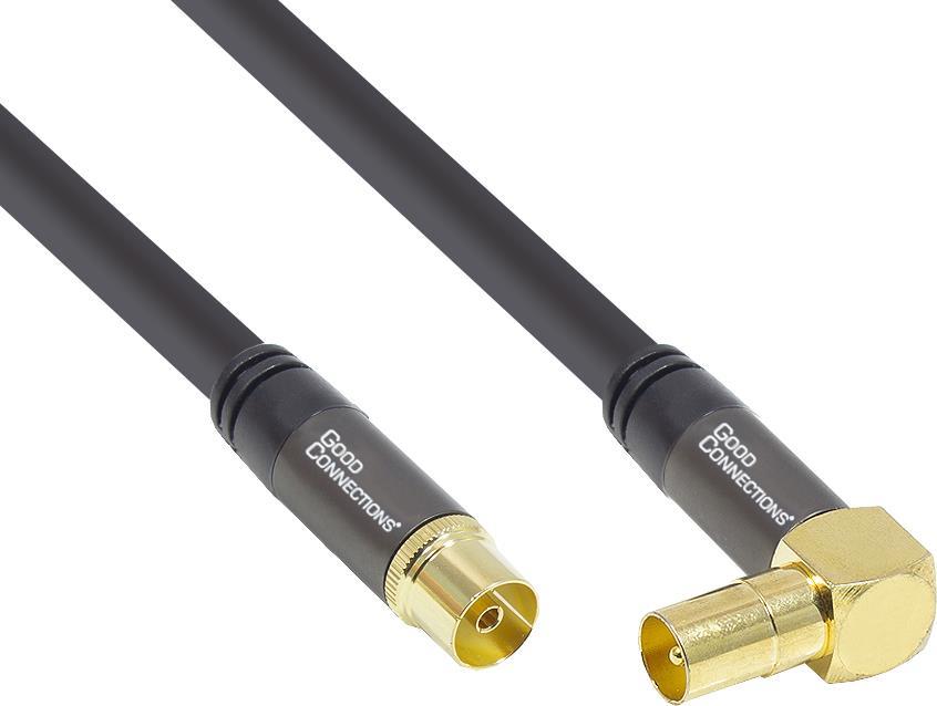 SAT Antennenkabel SmartFLEX, IEC/Koax Stecker abgewinkelt an Buchse, vergoldet, vierfach geschirmt, Schirmmaß 120dB, schwarz, 5m, Good Connections® (GC-M2075)