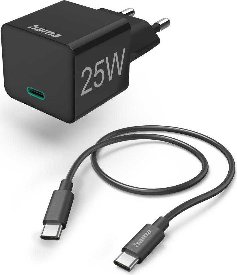 Hama Schnellladegerät mit Ladekabel USB-C, Mini-Ladegerät, PD, 25W, 1 m, Schwarz (00201623)