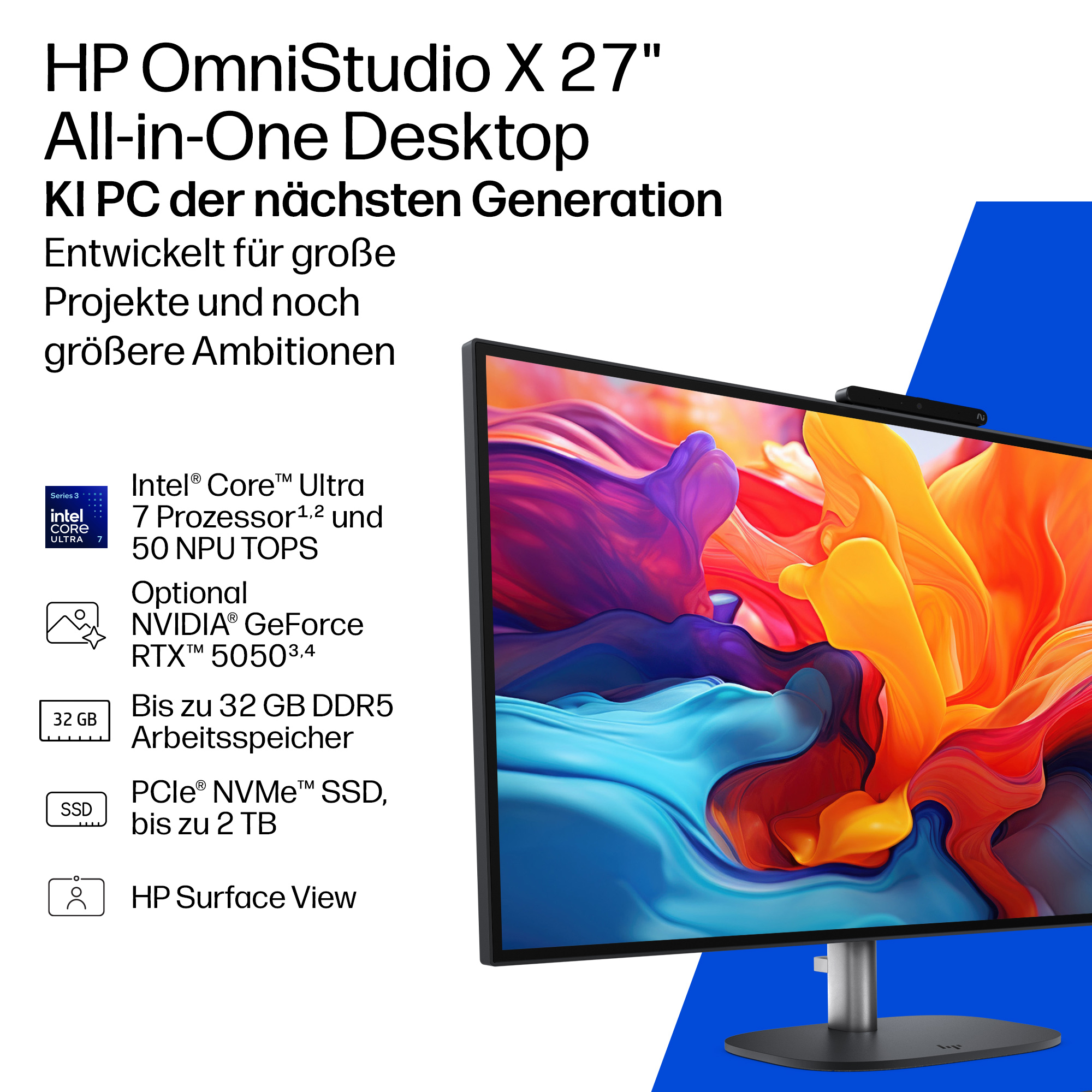 HP OmniStudio X 27-cx0170ng 27" QHD All-in-One-PC 16 GB RAM 1 TB SSD Schwarz, Grau