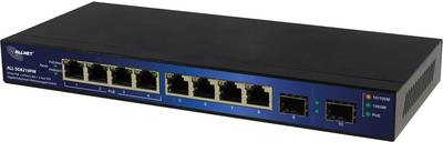 ALLNET ALL-SG8210PM. Switch-Typ: gemanaged, Switch-Ebene: L2+. Basic Switching RJ-45 Ethernet Ports-Typ: Gigabit Ethernet (10/100/1000), Anzahl der basisschaltenden RJ-45 Ethernet Ports: 8, Anzahl an installierten SFP Modulen: 2. MAC-Adressentabelle: 4096 Eintragungen, Routing-/Switching-Kapazität: 16 Gbit/s. Netzstandard: IEEE 802.3,IEEE 802.3ab,IEEE 802.3u,IEEE 802.3x,IEEE 802.3z. Energie Über Ethernet (PoE) Unterstützung. Wandmontage (ALL-SG8210PM)