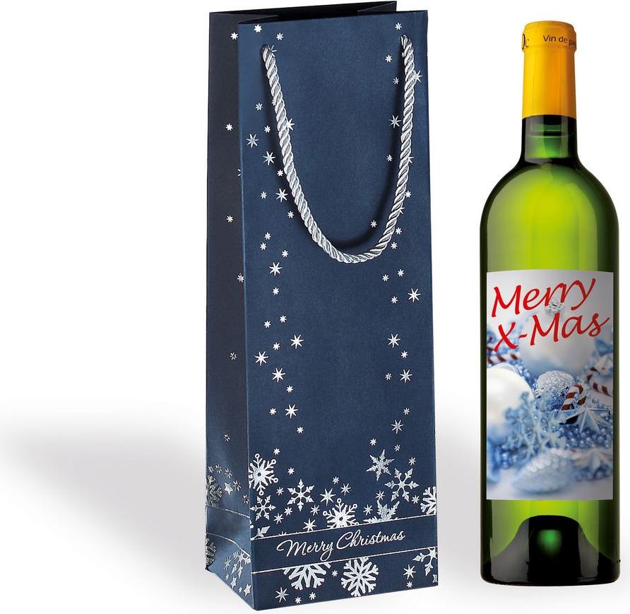 sigel Weihnachts-Flaschentüte "Silver Snowflakes" Geschenktasche aus Edelkarton, 230 g/qm, - 3 Stück (GT112)