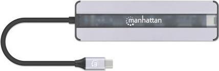 MANHATTAN USB-C 7-in-1-Dockingstation mit Power Delivery USB 3.2 Gen 1 Typ C-Stecker auf HDMI-Buchse (4K@30Hz), zwei USB-A Ports (5 Gbit/s), Gigabit-RJ45-Port, USB-C PD-Port (87 W), SD/MicroSD-Kartenleser, Aluminium, silber/schwarz (153928)