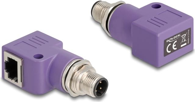 Delock M12 Adapter D-kodiert 4 Pin Stecker zu RJ45 Buchse Cat.5e mit Befestigungsloch 90° gewinkelt violett (60679)