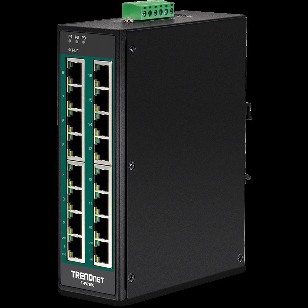 TRENDnet TI-PG160 16-Port Industrial Gigabit PoE+ DIN-Rail Switch Unmanaged Schwarz