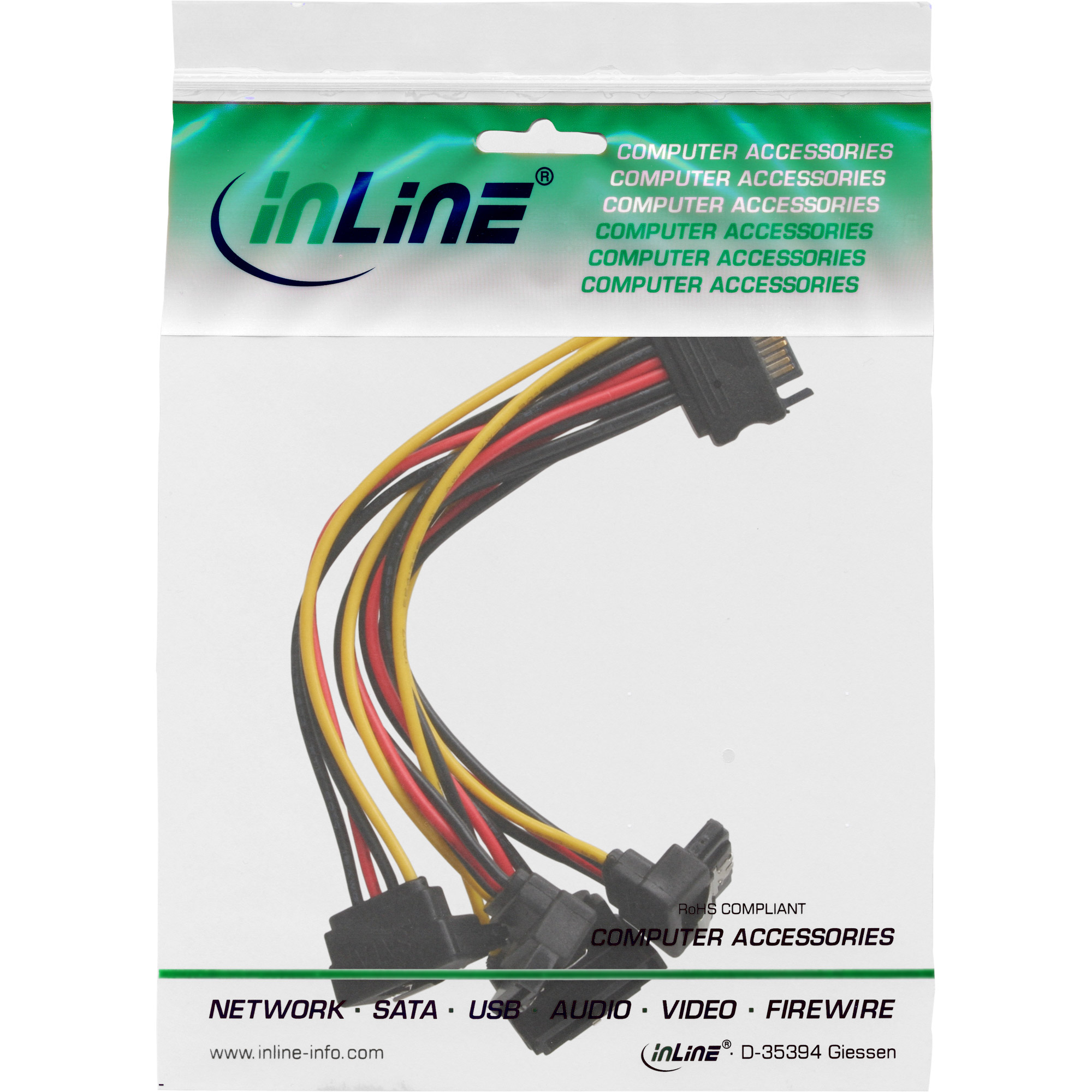 InLine SATA Strom-Y-Kabel SATA auf 4x SATA 90° gewinkelt 15 cm Schwarz/Rot/Gelb