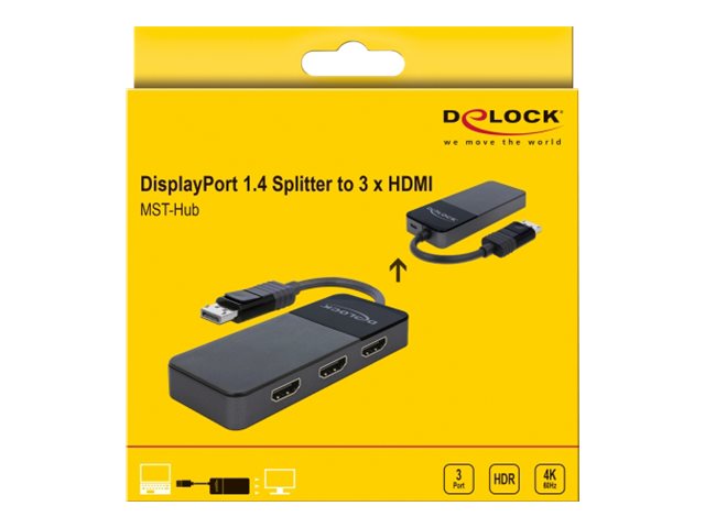 Delock DisplayPort 1.4 Splitter 1x DisplayPort auf 3x HDMI MST Schwarz