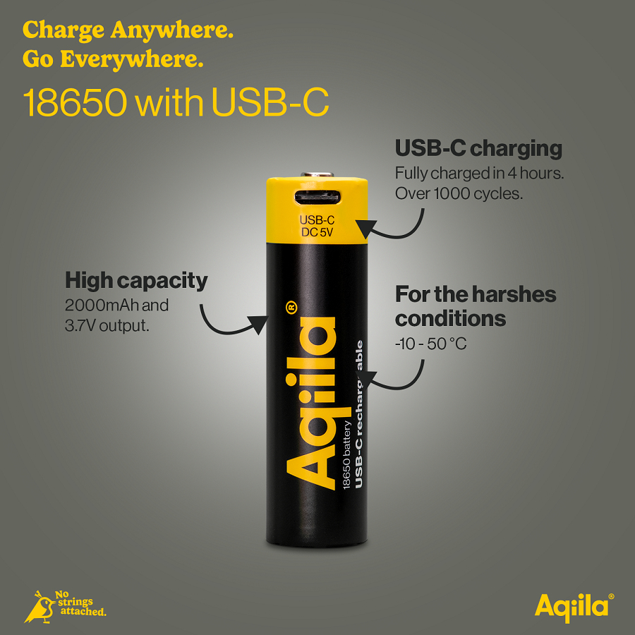 Aqiila Akku USB-C 18650 Li-Ion 3,7 V 2000 mAh Schwarz, Gelb