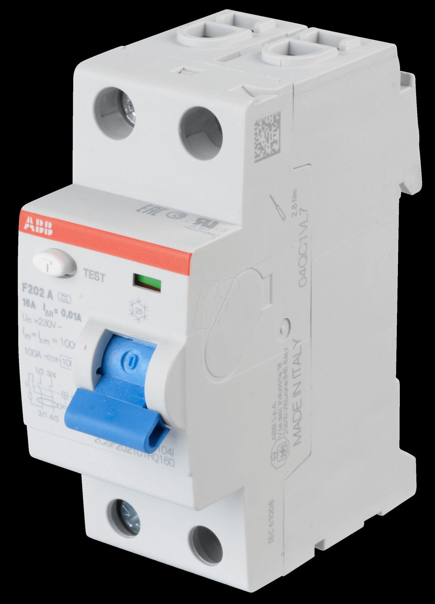 ABB F202A-1601 - Fehlerstromschutz-Schalter, Typ A, 16 A, 10 mA (F202A-16/0,01)