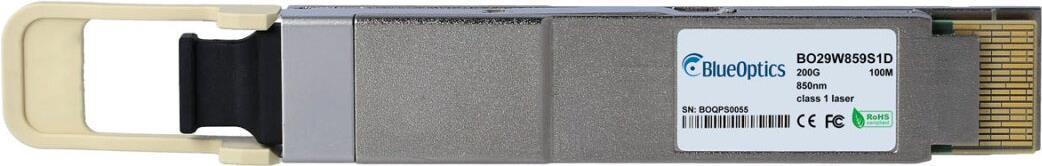Dell 407-BCBM kompatibler BlueOptics© QSFP-DD Transceiver für Multimode 200 Gigabit Highspeed Datenübertragungen in Glasfaser Netzwerken. Unterstützt 200 Gigabit Ethernet Anwendungen in Switchen, Routern, Storage Systemen und ähnlicher Hardware. BlueOptic (407-BCBM-BO)