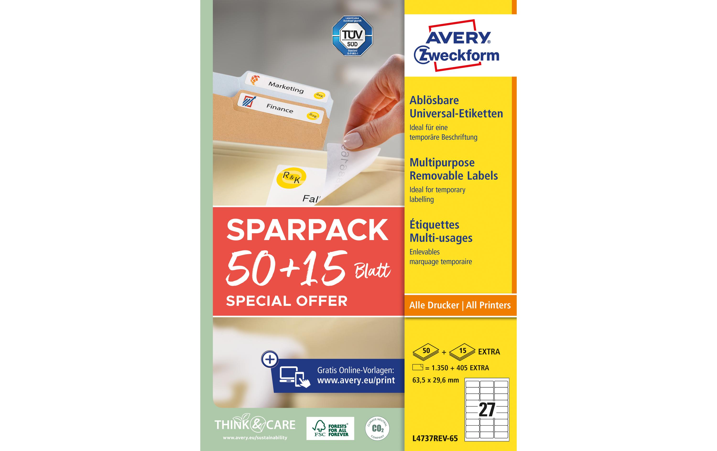 Avery Zweckform L4737REV-65 Universal-Etiketten 63,5 x 29,6 mm A4 Papier Wiederablösbar Weiß