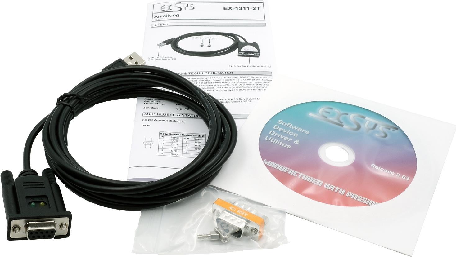 EXSYS EX-1311-2T USB-zu-RS-232 Kabeladapter USB Type A 2.0 2,5 m Schwarz
