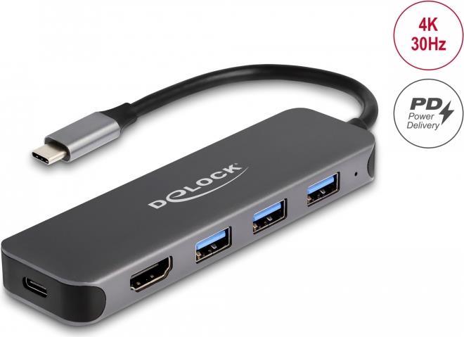 Delock 3 Port USB Hub und 4K HDMI Ausgang mit USB Type-C™ Anschluss und PD 85 Watt (64171)