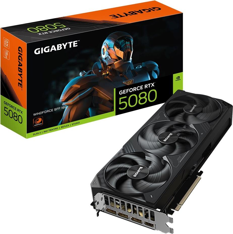 GIGABYTE GeForce RTX 5080 WINDFORCE SFF 16G Grafikkarte - 16GB GDDR7, 256 Bit, PCI-E 5.0, 2617 MHz Core Clock, 3 x DisplayPort, 1 x HDMI, GV-N5080WF3-16GD (GV-N5080WF3-16GD)