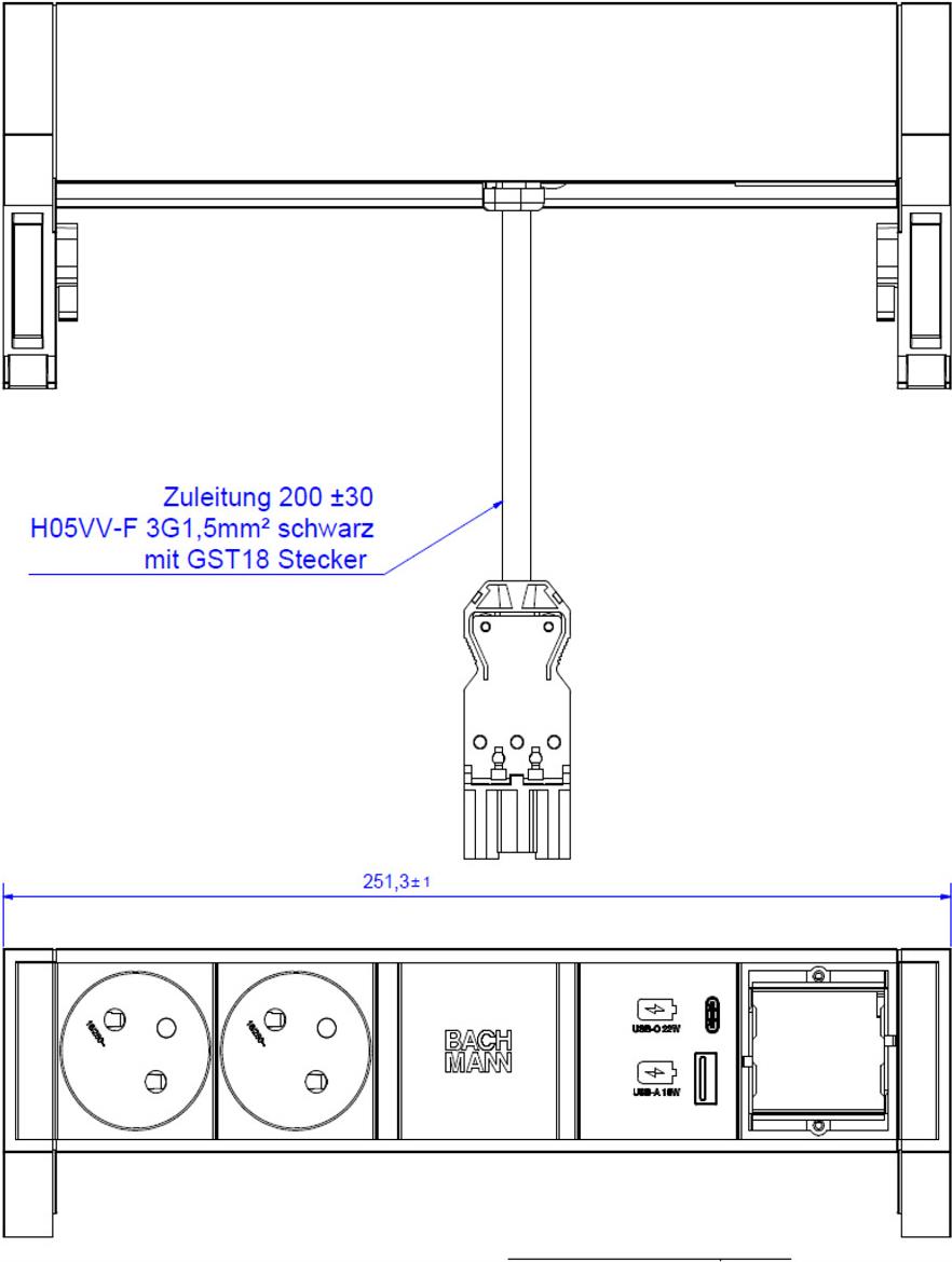 Bachmann DESK2 Steckdosenleiste INOX mit erhöhtem Berührungsschutz 2xUTE 35° Steckdosen schwarz 1xUSB A&C 22W Charger 1xCustom Modul leer Zuleitung 0,2m H05VV-F3G1,5mm² schwarz mit GST18i3 Stecker inkl. Haltewinkel Logo verpackt im Karton (902.923)