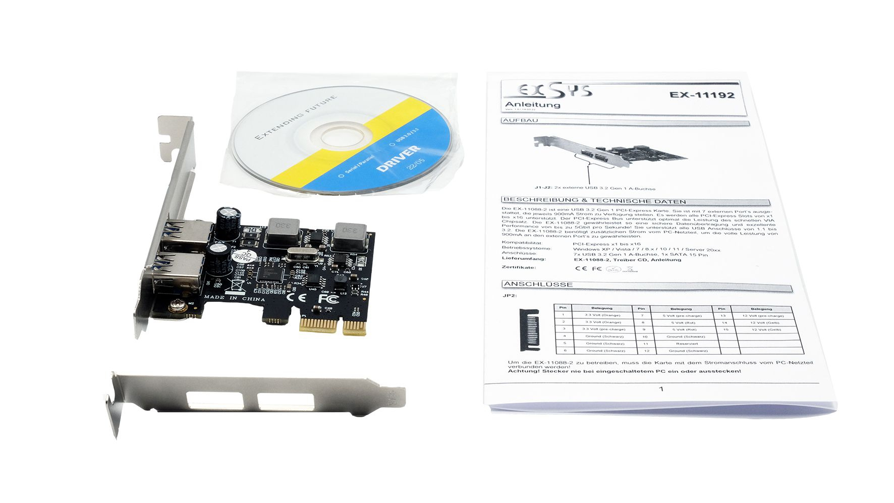 Exsys EX-11192 USB 3.2 Gen 1 PCIe Karte mit 2 Ports (Renesas)