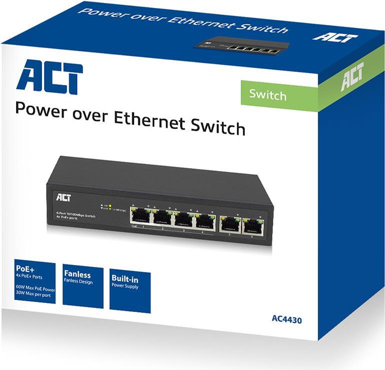 ADVANCED CABLE TECHNOLOGY ACT 6 port, network switch, 10/100Mbps. 4x PoE+ (30W) port POE+ SWITCH 6 P